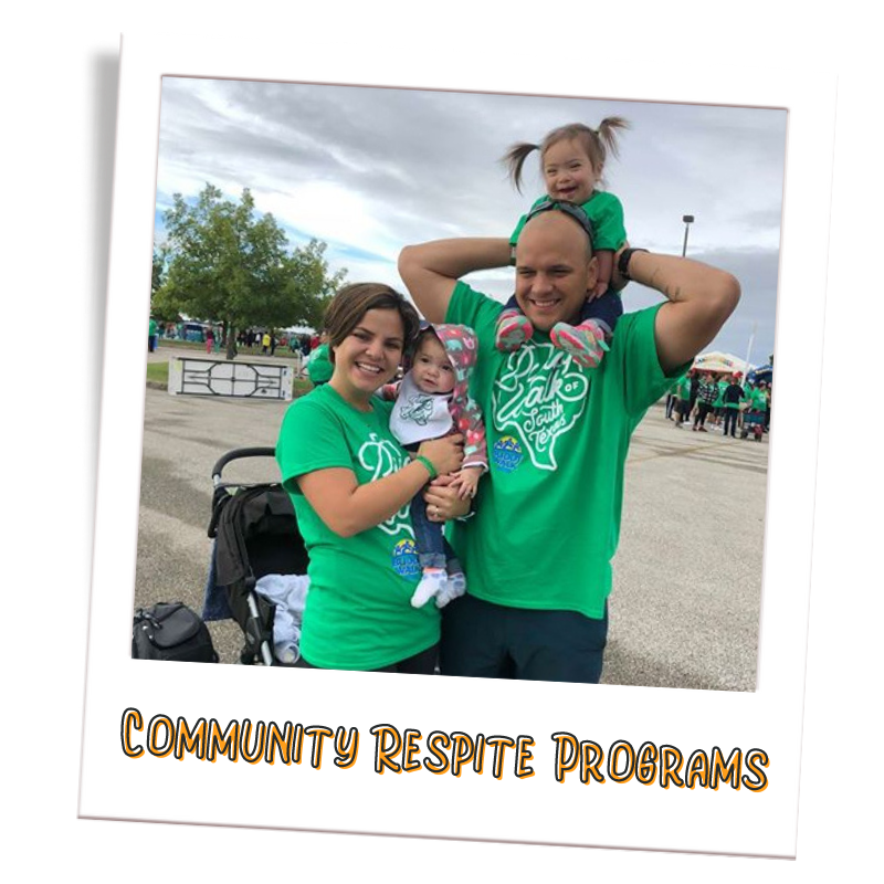 Polaroid of young family with words that say Community Respite Programs.