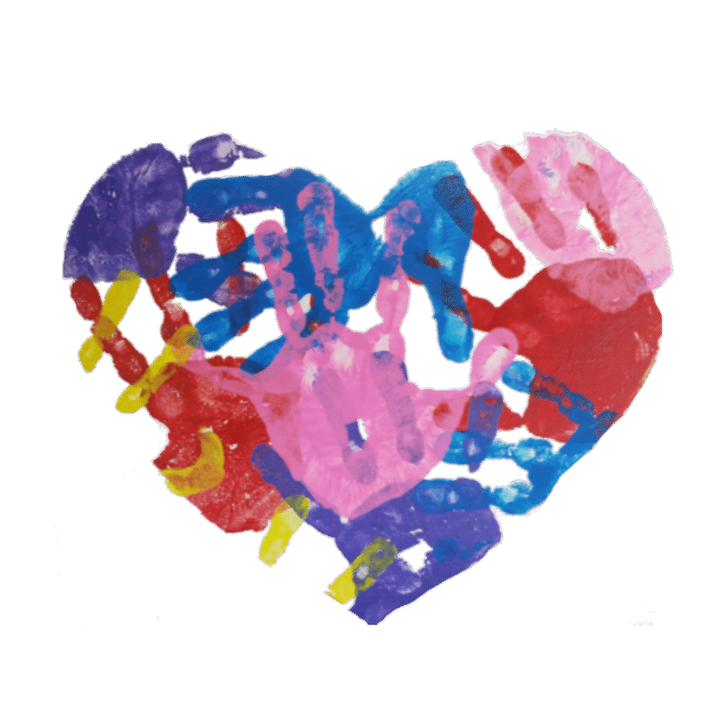 Colorful paint handprints forming a heart shape