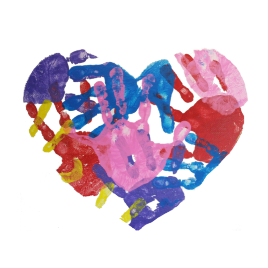 Colorful paint handprints forming a heart shape