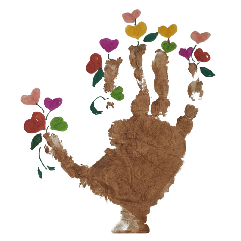 Child handprint artwork with flowers growing from fingers