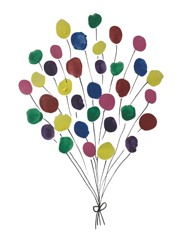 Child fingerprint artwork forming colorful balloons