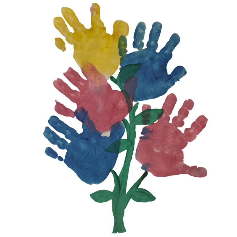 Yellow, blue, and pink handprints painted as blooming flowers