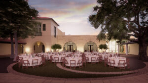 Gala tables in an outdoor setting at sunset, the Witte Museum behind
